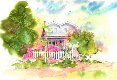 水彩画　Twin Window watercolour by Osamu Murata 村田收