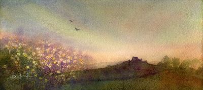 風景画　水彩画　鳥と城 watercolour by Osamu Murata 村田收