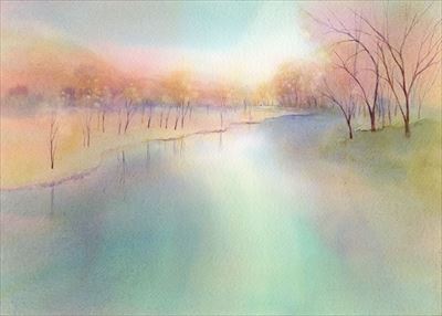 水彩画　湖　にじみを利用 watercolour by Osamu Murata 村田收